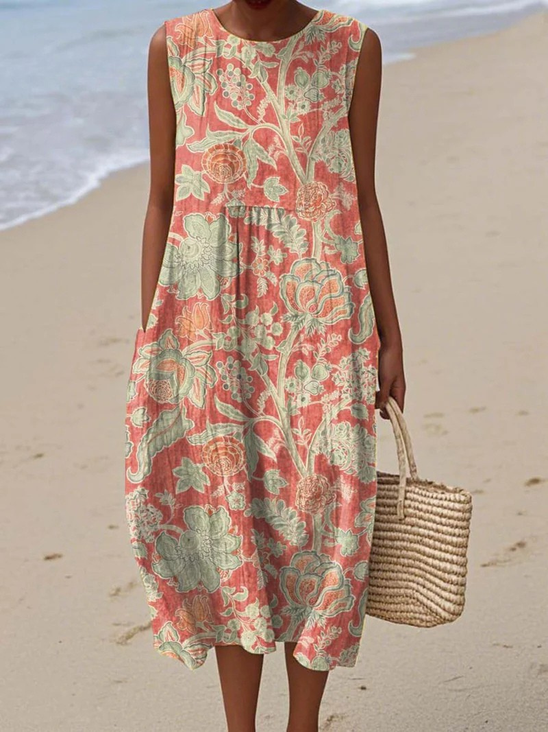 Alma Leinen-Strandkleid mit korallfarbenem Blätterprint Foto 1