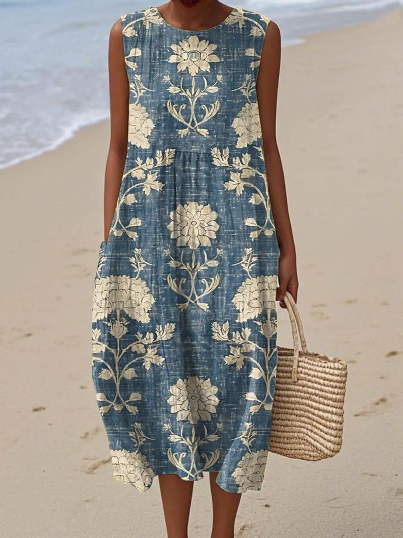 Cilia Leinen-Strandkleid mit blauem Blütenprint Foto 1