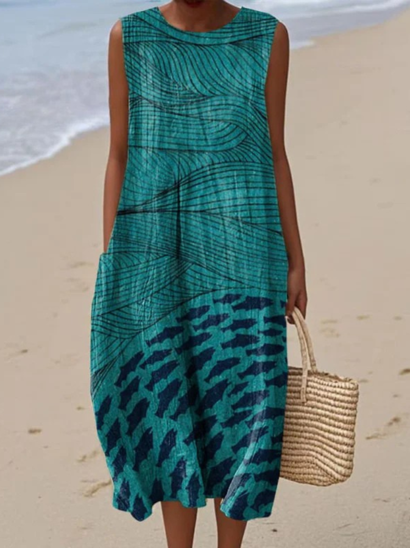 Enna Leinen-Strandkleid mit Fisch-Print in Petrol Foto 1