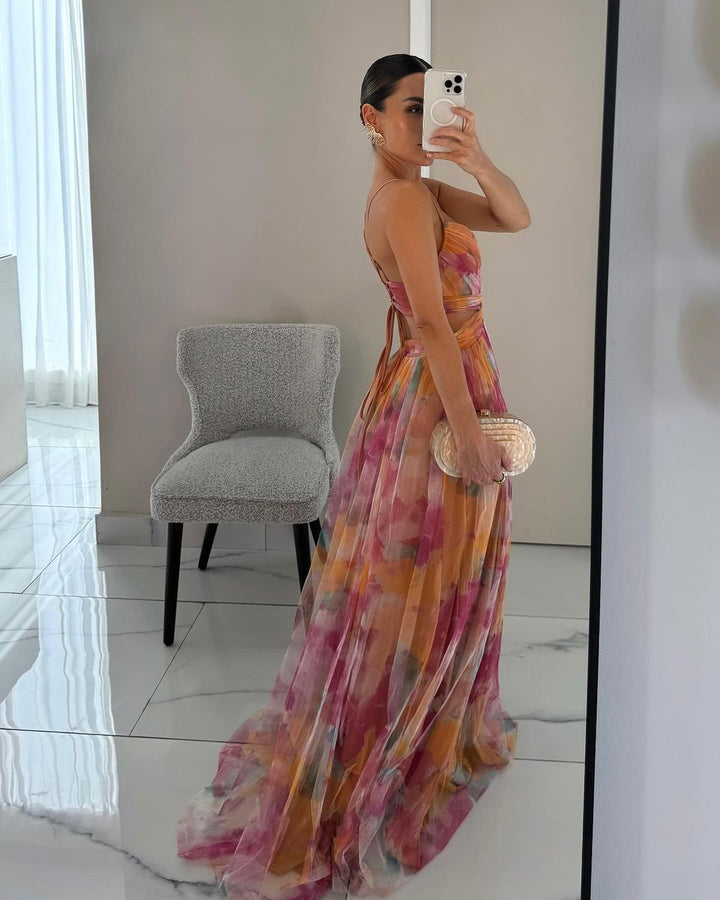 Fenja Florales Chiffon-Sommerkleid mit Spaghettiträgern in Maxi-Länge Foto 3