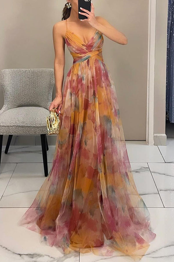 Fenja Florales Chiffon-Sommerkleid mit Spaghettiträgern in Maxi-Länge Foto 4