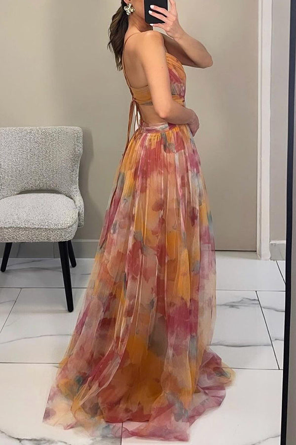 Fenja Florales Chiffon-Sommerkleid mit Spaghettiträgern in Maxi-Länge Foto 5