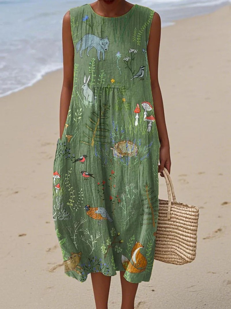 Gesine Grünes Leinen-Strandkleid mit maritimem Fisch-Motiv Foto 1