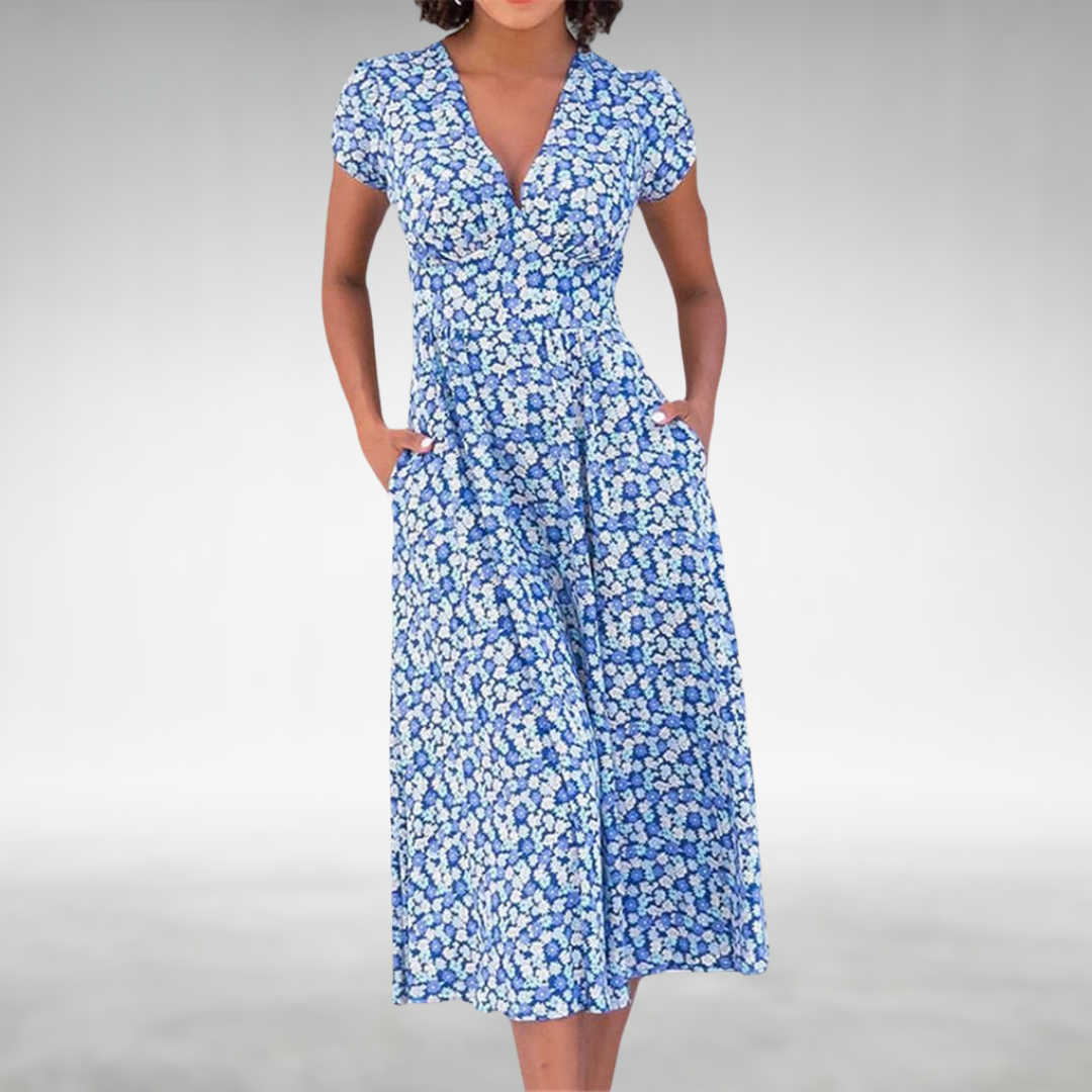 Gitta Blau-weißes Blumen-Sommerkleid mit Knopfleiste in Midi-Länge Foto 1