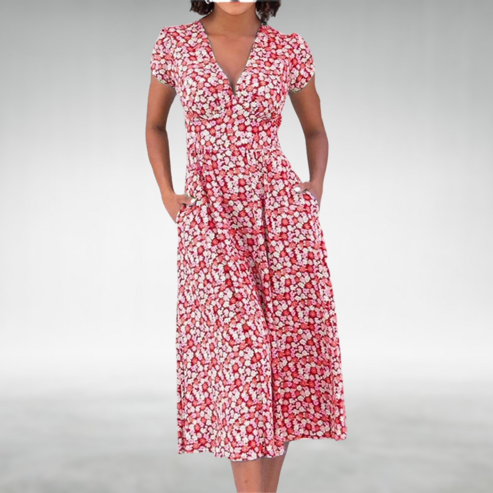 Gitta Blau-weißes Blumen-Sommerkleid mit Knopfleiste in Midi-Länge Foto 2