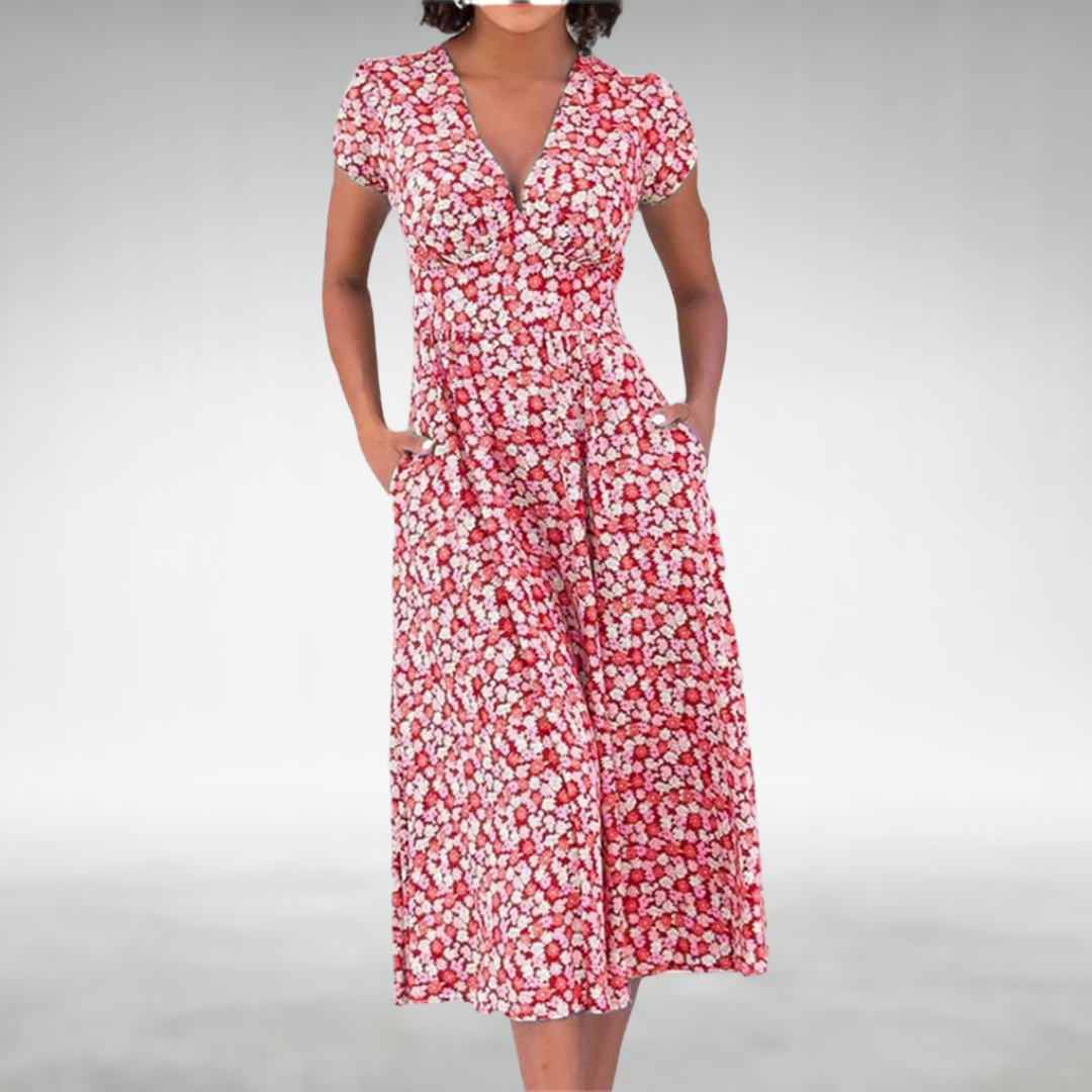 Gitta Blau-weißes Blumen-Sommerkleid mit Knopfleiste in Midi-Länge Foto 2