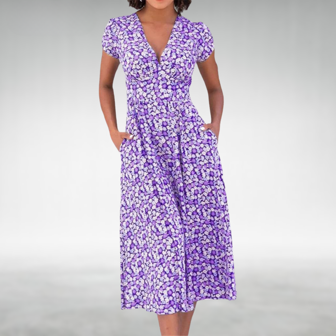 Gitta Blau-weißes Blumen-Sommerkleid mit Knopfleiste in Midi-Länge Foto 3