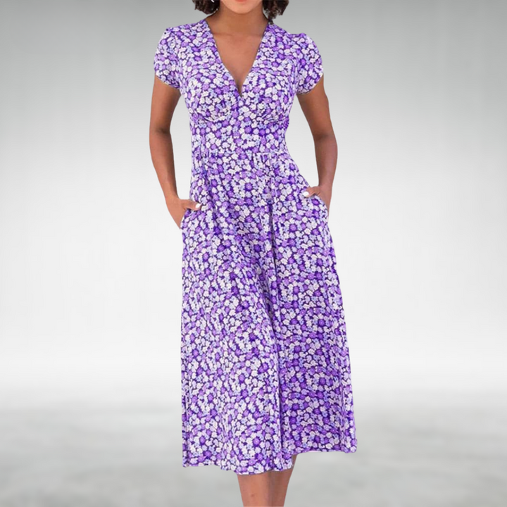 Gitta Blau-weißes Blumen-Sommerkleid mit Knopfleiste in Midi-Länge Foto 3