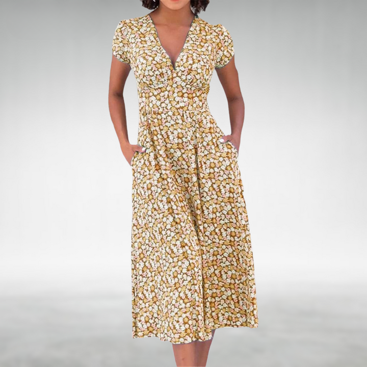 Gitta Blau-weißes Blumen-Sommerkleid mit Knopfleiste in Midi-Länge Foto 4