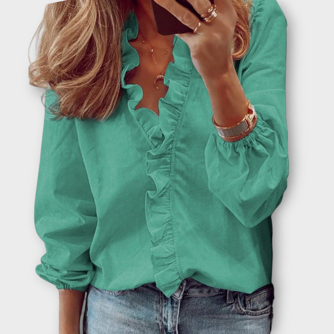 Gundel Langarm-Bluse mit Rüschen und V-Ausschnitt Foto 3