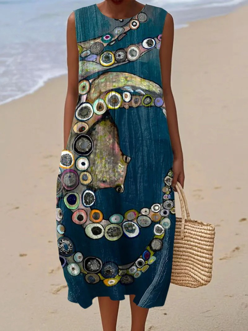 Heike Leinen-Strandkleid mit Oktopus-Print in Petrol Foto 1