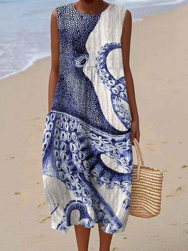 Imke Blau-weißes Leinen-Strandkleid mit Oktopus-Print Foto 1