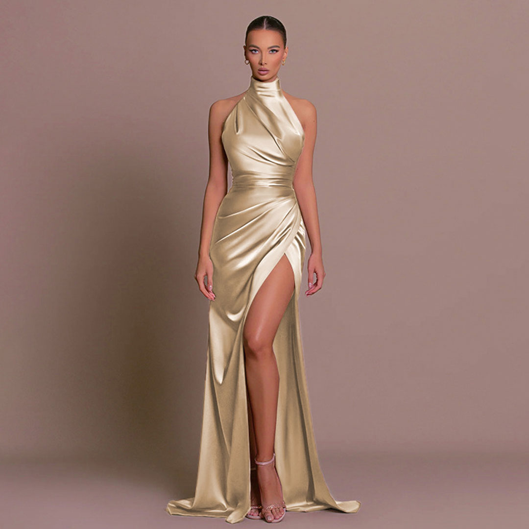 Leonore Satin-Abendkleid mit Raffung und hohem Beinschlitz Foto 4