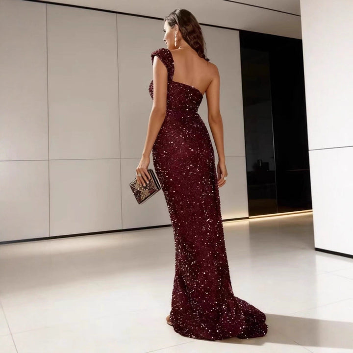 Norina Pailletten-Abendkleid One-Shoulder mit Beinschlitz Foto 3
