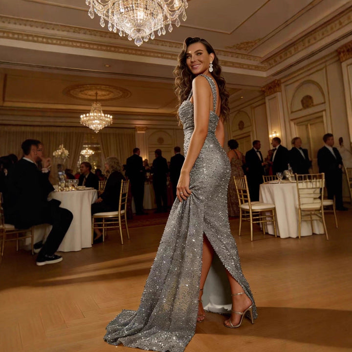 Norina Pailletten-Abendkleid One-Shoulder mit Beinschlitz Foto 4