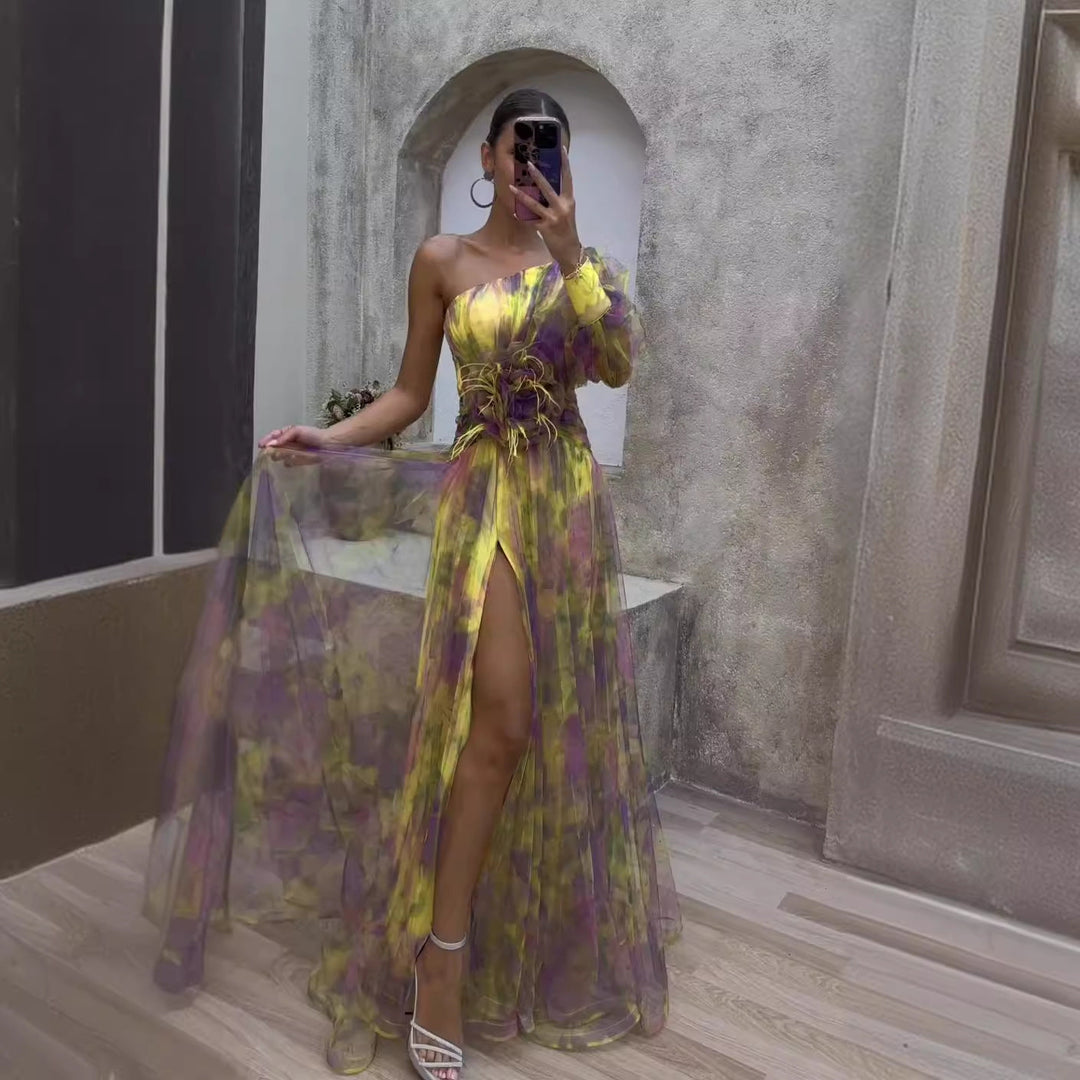 Rosalind Abendkleid mit Blumenprint und transparenten Ärmeln Foto 1