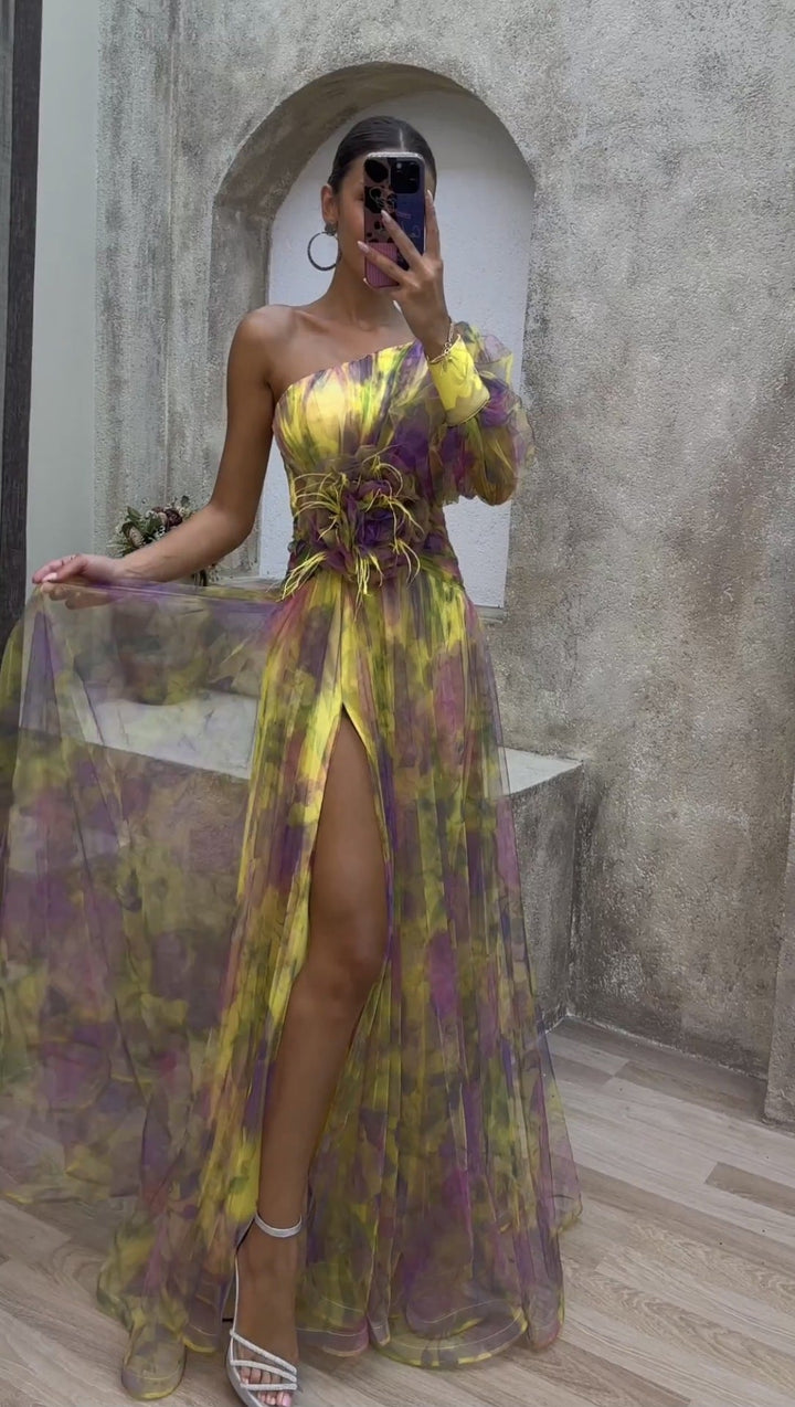 Rosalind Abendkleid mit Blumenprint und transparenten Ärmeln Foto 8